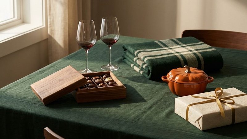 Still life of a dinner table laid with a green cloth, two glasses of red wine, a box of chocolates, a plaid throw, a small orange casserole and a wrapped gift